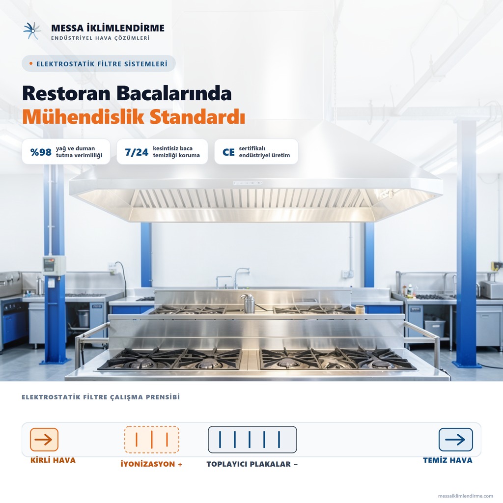 Restoran ve mutfak davlumbaz bacalarında elektrostatik filtre sistemi — yağ ve duman tutma, iyonizasyon, toplayıcı plakalar, %98 verimlilik, baca temizliği | Messa İklimlendirme